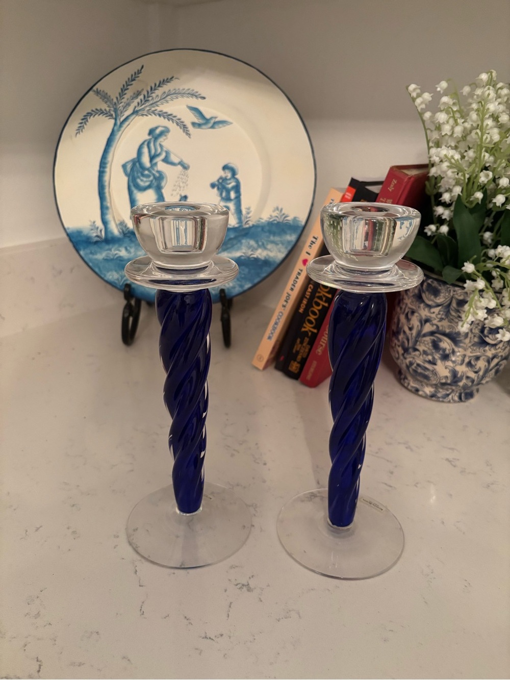 Kosta Boda Cobalt Blue Twisted Glass Candlesticks Pair